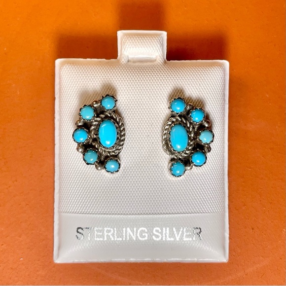 New Vintage Genuine Sleeping Beauty Turquoise Artisan Sterling Silver Earrings - Picture 2 of 11